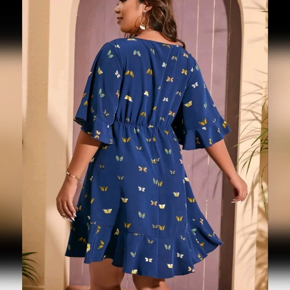 SHEIN Women's Butterfly Print, Flounce Sleeve, Hem Knot Front Dress NWOT - Picture 3 of 14